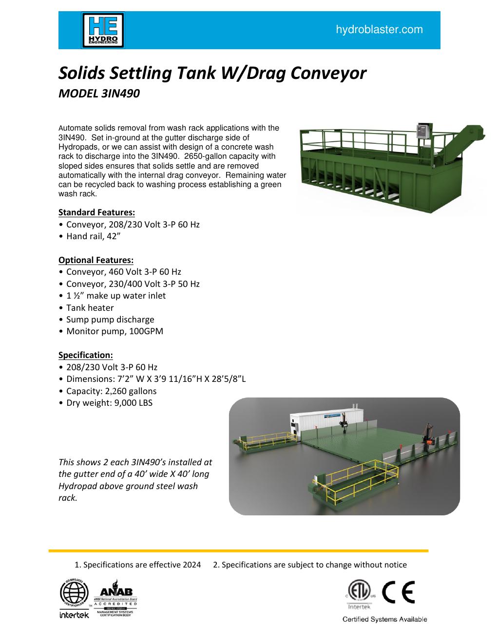 Solids Settling Tank with Drag Conveyor
